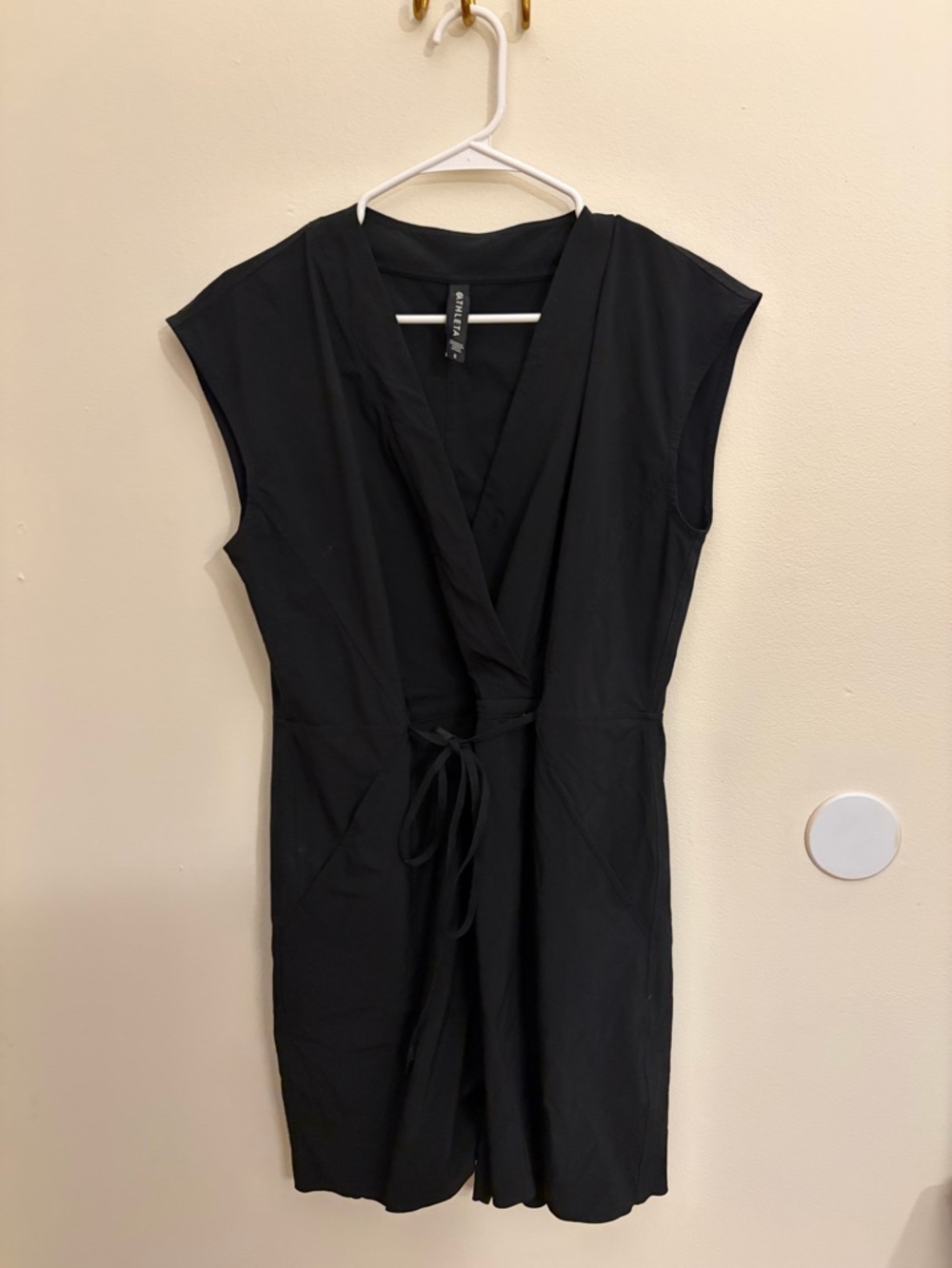 Athleta Black Cap-Sleeve Wrap Tie Mini Dress